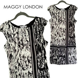 Maggy London, Scuba Cap Sleeve Abstract‎ Sheath Dress, Black, White
